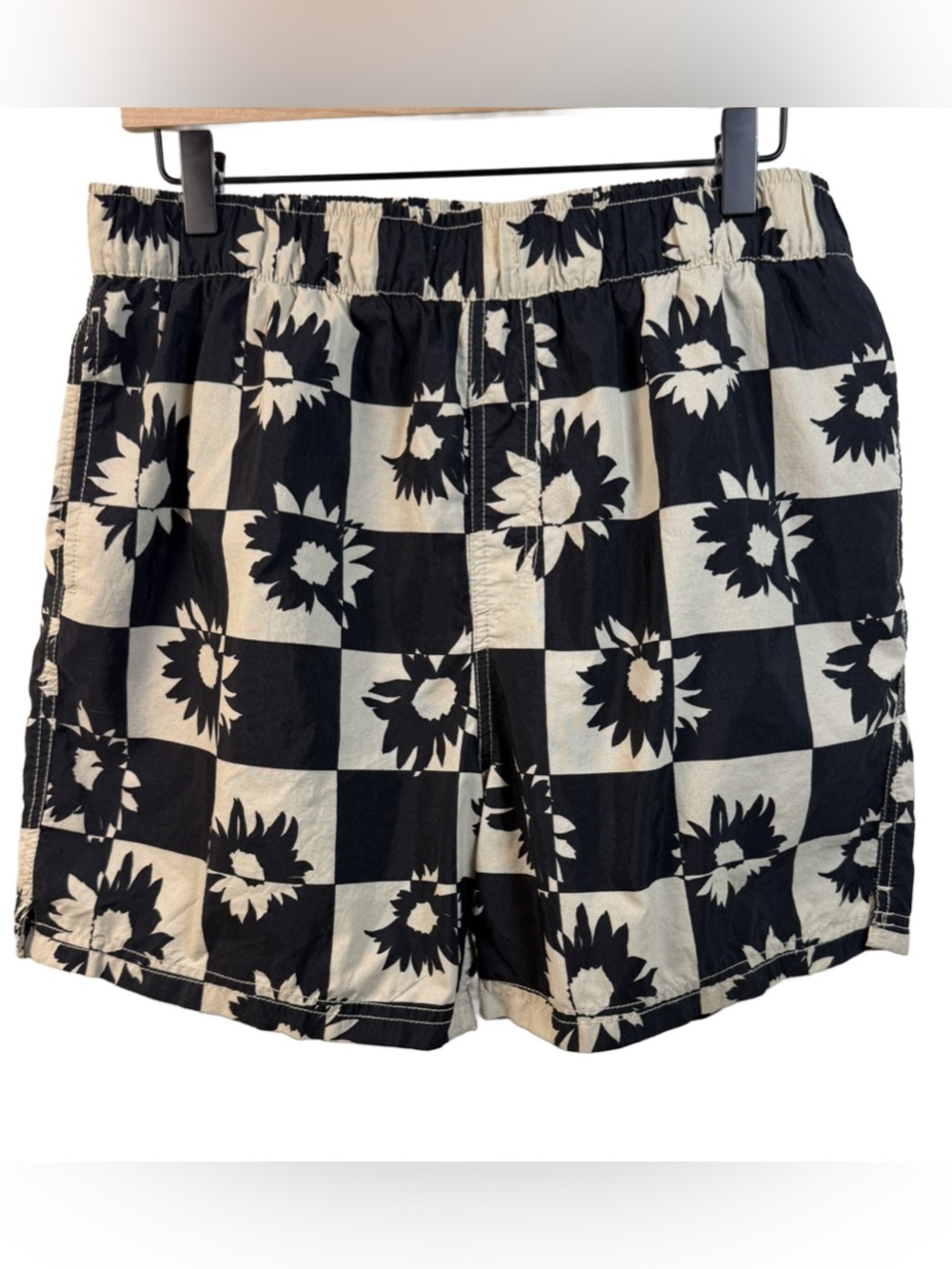 Urban Outfitters Black & Cream Checkerboard Floral Swim Trunks